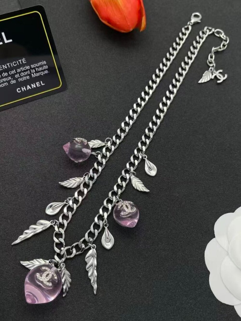 Like-New Chanel Silver-Tone Curb Chain Bracelet with Pink Heart Charms